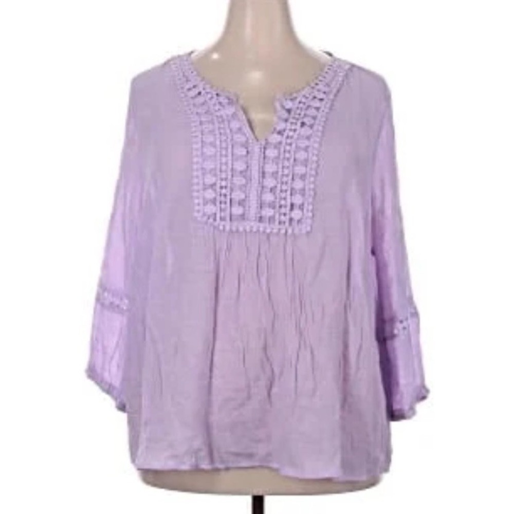 Como Vintage Women's XL Peasant Crochet Gauze Purple V Neck Long Sleeve Blouse‎